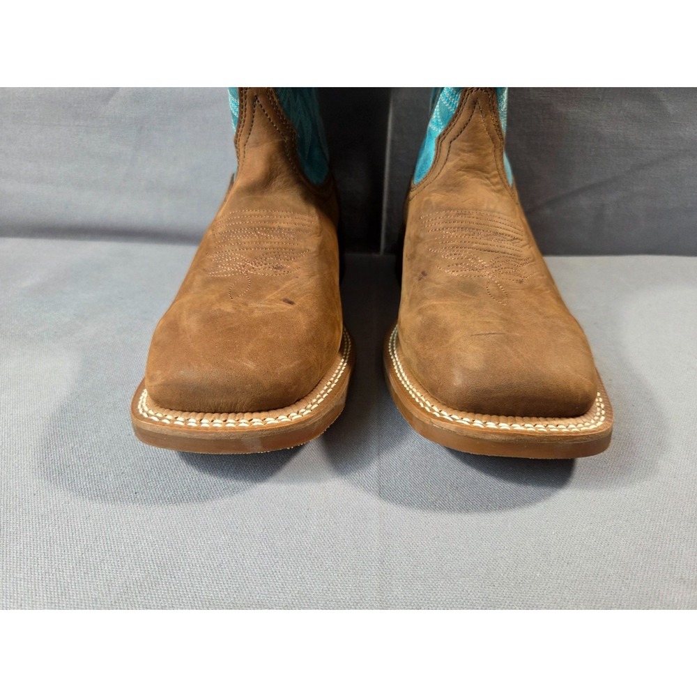 Justin Cowboy Boots Mens 11.5D Brown Blue Big Bucks Wide Square Toe Vibram Sole - Picture 6 of 15
